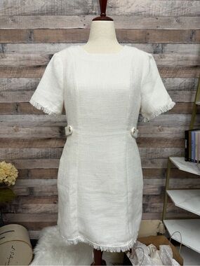 Allegra K Cream Tweed Short Sleeve Dress M
